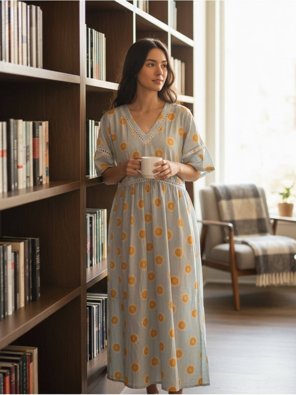 Light Blue & Yellow Floral V-Neck Maxi Dress